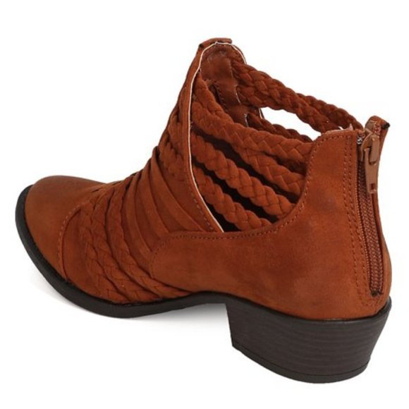 Qupid Almond Toe Braided Strappy Low Chunky Heel Chestnut Ankle Boot - Picture 3 of 5
